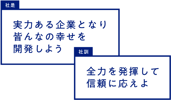 [実力ある企業となり、みんなの幸せを開発しよう][全力を発揮して信頼に応えよ]