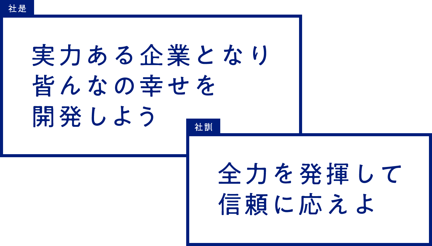 [実力ある企業となり、みんなの幸せを開発しよう][全力を発揮して信頼に応えよ]